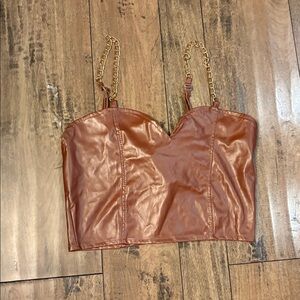 Chic Brown Faux Leather Crop Top with Gold Chains